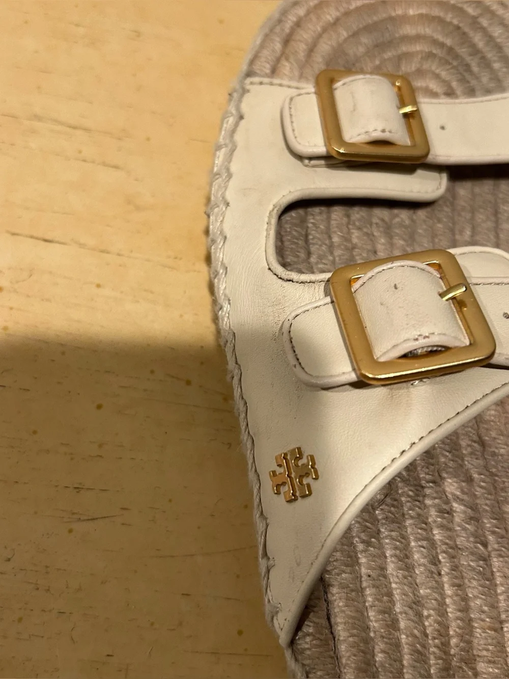 Tory Burch cream leather double buckle slide espadrilles in size 11